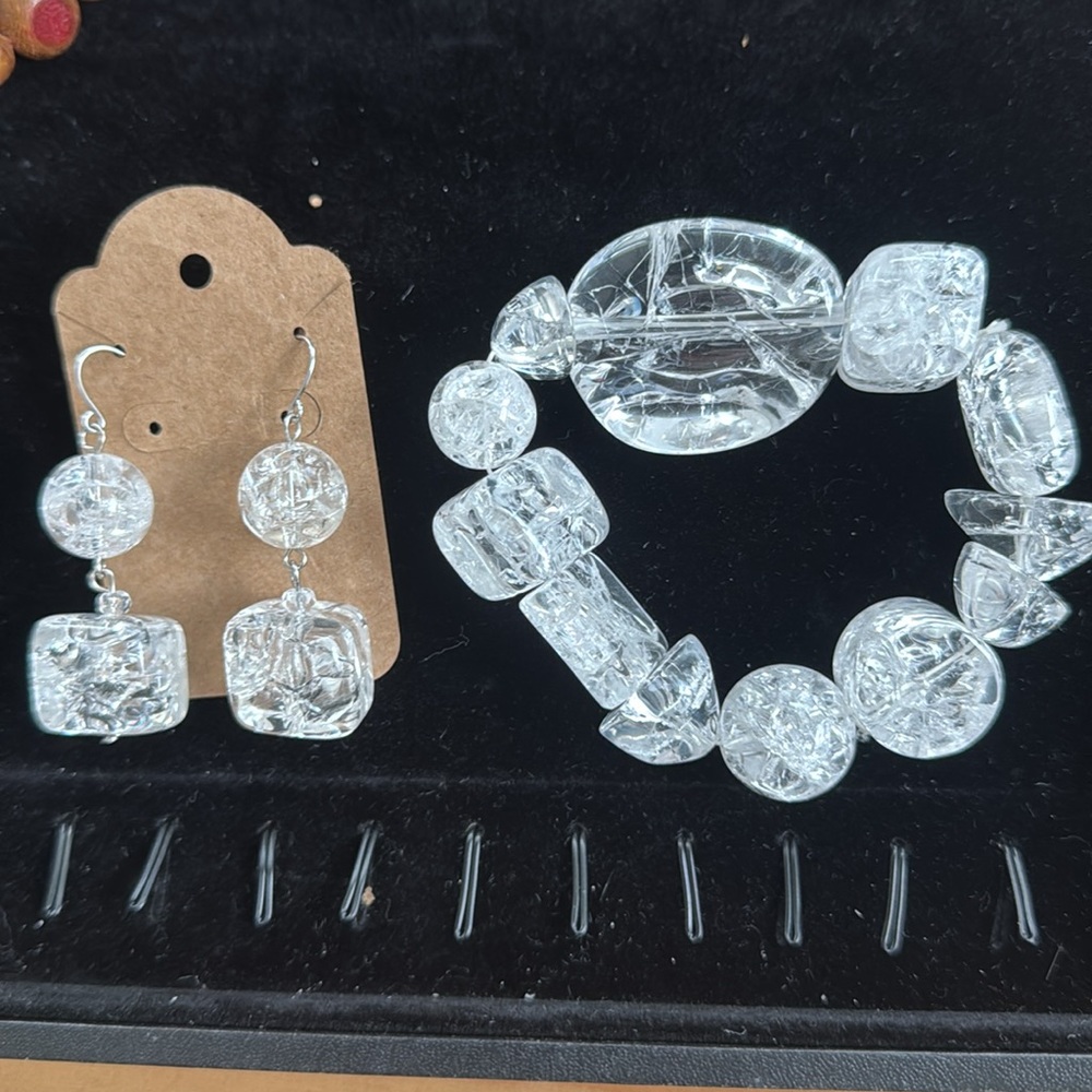 Clear Crystal Beaded Chunky Shaped Art Deco Earrings and Bracelet Set - Picture 2 of 5